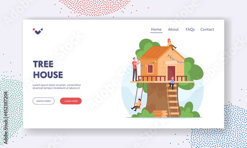 Father Build Treehouse Landing Page Template. Family Spend Time all Together. Children Playing at Wooden House on Tree