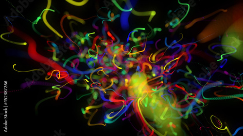 3d render. Abstract background with glow multicolor lines or light streaks. Lights particles form in 3d space glowing beautiful curved lines with neon light. Beautiful creative bg