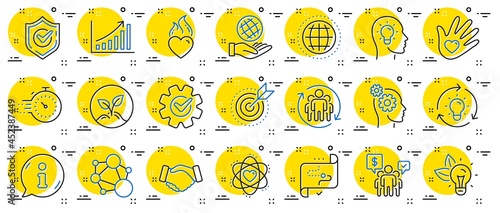 Core values line icons. Integrity, Target purpose and Strategy. Trust handshake, social responsibility, commitment goal icons. Growth chart, innovation, core values network. Info center bubble. Vector