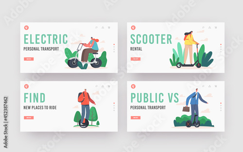 Characters Riding Electric Transport Landing Page Template Set.People Use Scooter, Hoverboard and Monowheel, Skateboard