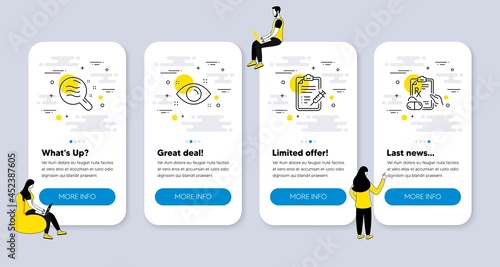 Vector Set of Healthcare icons related to Health eye, Skin condition and Vaccine report icons. UI phone app screens with people. Prescription drugs line symbols. Vector