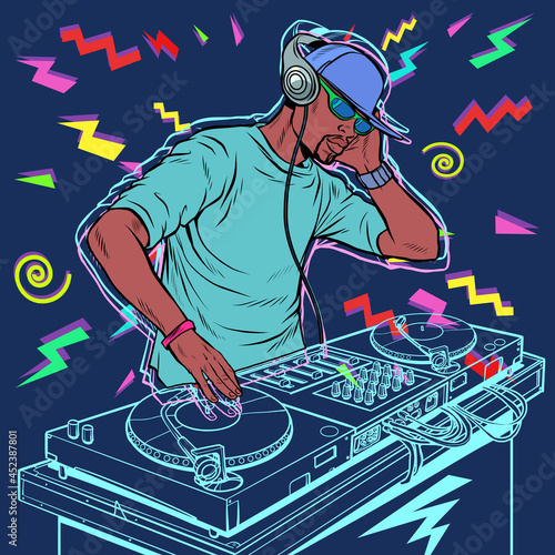 dj on vinyl turntables. concert music performance