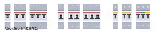 Set Electric Breaker Switchbox Isolated on White Background. Power Control, Switchboard Panel with On and Off Turners