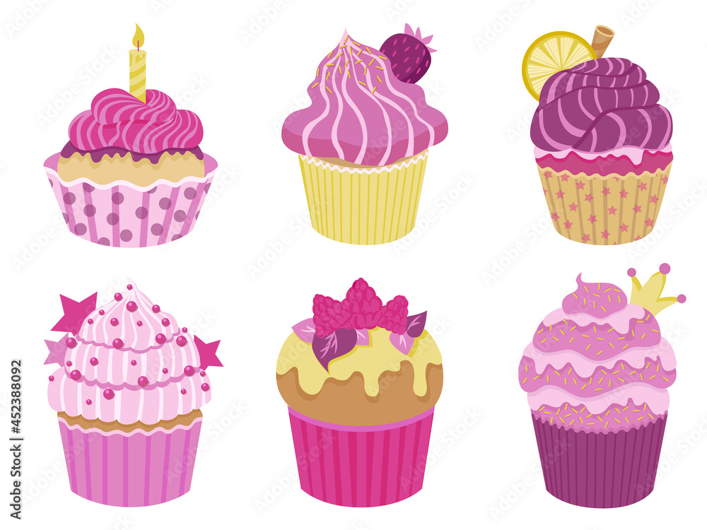 Set of cute little cupcakes with cream and berries. Delicious desert with different decor. Pink and purple sprinkles muffins collection. Vector illustration on white background. Set of cute little cupcakes with cream and berries. Delicious desert with different decor. Pink and purple sprinkles muffins collection. Vector illustration on white background.
