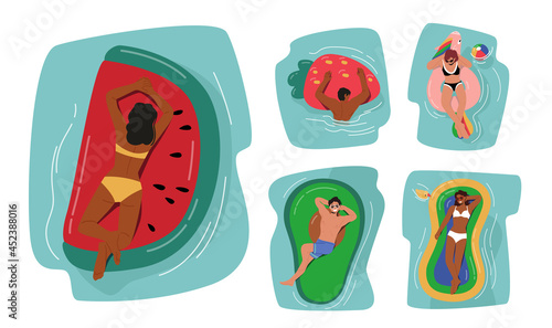 Set of Male and Female Characters Floating on Inflatable Air Mattresses in Ocean, Sea or Swimming Pool. Fun Summer Relax