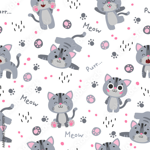 Seamless pattern with cute gray cat, kitty, kitten with black stripes, paws, word meow, purr on white background. Vector illustration, print for packaging, fabrics, wallpapers, textiles.