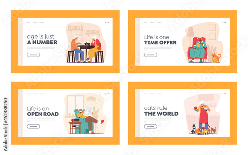 Elderly People Hobbies Landing Page Template Set. Old Men and Women Reading Newspaper, Feed Cats, Playing Chess and Knit