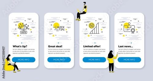 Vector Set of Business icons related to 5g wifi, Education and Online voting icons. UI phone app screens with people. Certificate line symbols. Wireless signal, Quick tips, Web campaign. Vector