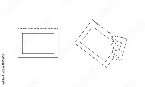 Packets with soluble culinary or medicine powder whole and poured. Outline sachets with sugar, salt or pepper. Editable stroke. Thin line icons. Vector linear illustration. 