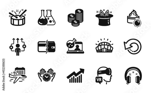 Vector set of Select flight, Safe time and Coins icons simple set. Recovery data, Drums and Sun cream icons. Demand curve, Online chemistry and Sports stadium signs. Vector