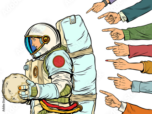 A guilty astronaut with a planet in his hands. Everyone criticizes the cosmonaut. White background