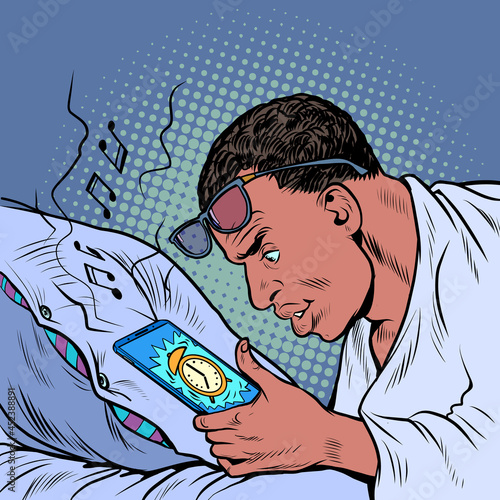 a black man wakes up from an alarm clock, countdown morning. Businessman daily routine