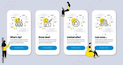 Set of People icons, such as Vaccination appointment, Like hand, Meeting icons. UI phone app screens with people. Business meeting line symbols. Vector