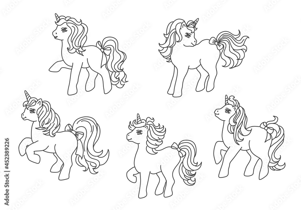 Fototapeta Little cute unicorns, magic ponies, horses coloring page. Coloring book for kids vector illustration.