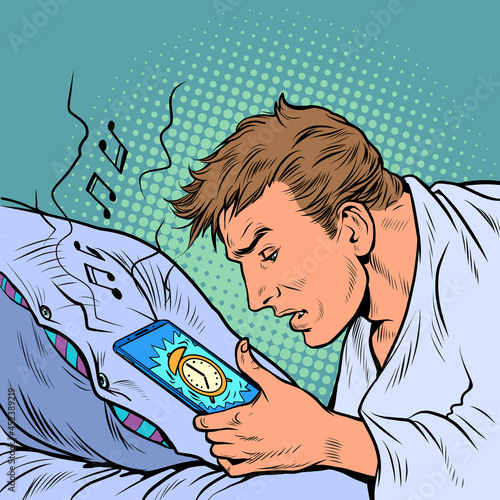 a man wakes up from an alarm clock, countdown morning. Businessman daily routine