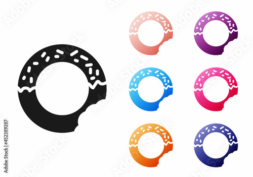 Black Donut with sweet glaze icon isolated on white background. Set icons colorful. Vector