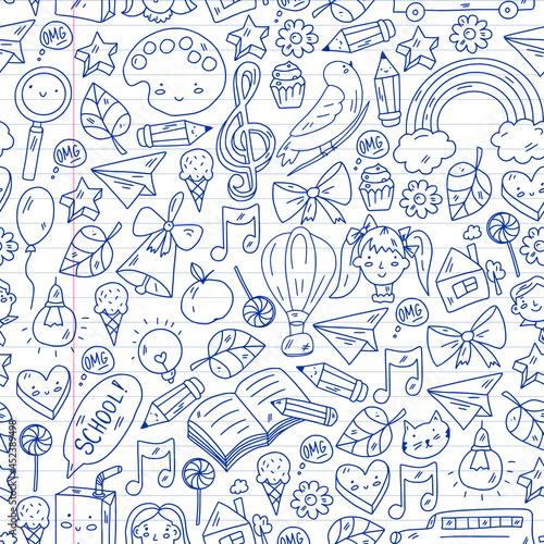 School, kindergarten with cute vector children. Creativity and imagination. Dancing, singing, painting, online education.