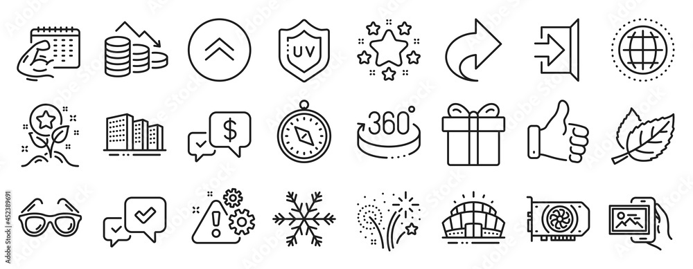 Set of Business icons, such as Payment received, Exit, Image album icons. Arena stadium, Uv protection, Travel compass signs. Gift box, Fitness calendar, Swipe up. 360 degrees, Buildings. Vector Set of Business icons, such as Payment received, Exit, Image album icons. Arena stadium, Uv protection, Travel compass signs. Gift box, Fitness calendar, Swipe up. 360 degrees, Buildings. Vector