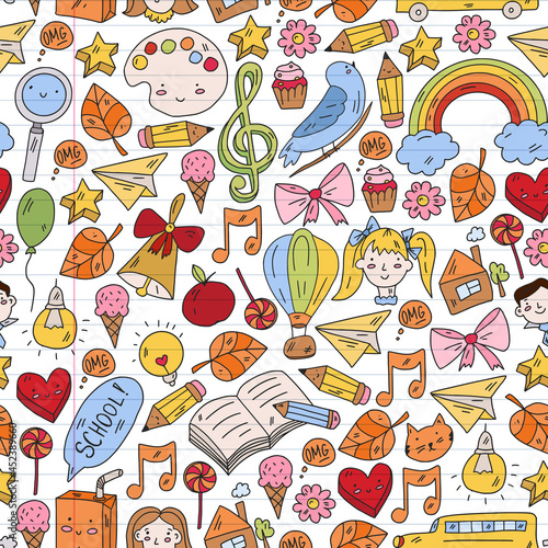 School, kindergarten with cute vector children. Creativity and imagination. Dancing, singing, painting, online education.