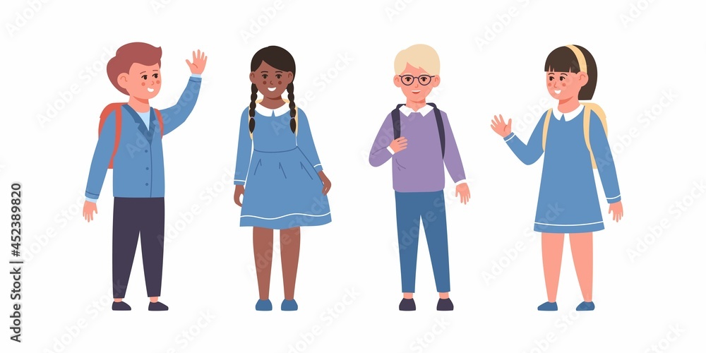 Set of school kids with school supplies. Pupils with backpacks. Vector set of preschoolers children teenagers characters in different poses, clothes, wear. 