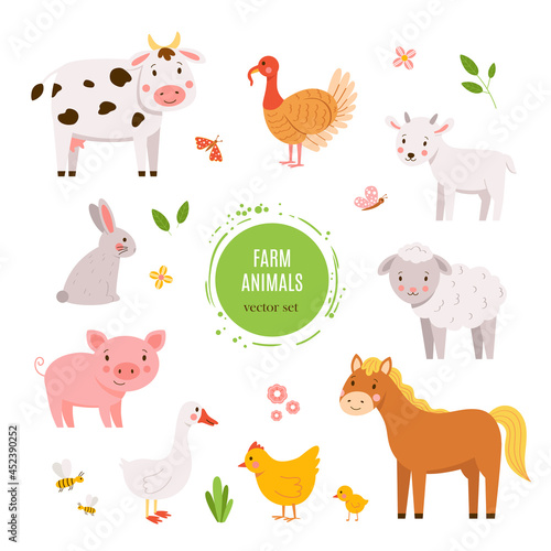 Vector cartoon set of farm baby animals isolated on white background. Cute and happy hand drawn cow  turkey bird  goat  sheep  horse  pig  hen  bunny and goose. Cheerful kids illustration