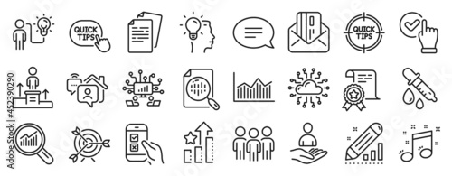 Set of Education icons, such as Money diagram, Work home, Certificate icons. Cloud network, Business idea, Idea signs. Tips, Ranking stars, Target. Chat, Business podium, Data analysis. Vector