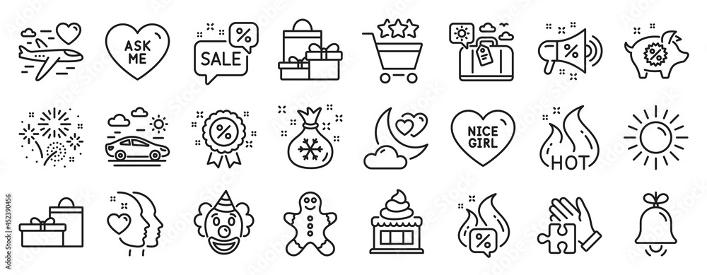 Set of Holidays icons, such as Sun, Puzzle, Car travel icons. Fireworks, Clown, Gingerbread man signs. Ice cream, Ask me, Heart. Discounts bubble, Gifts, Discount. Sale megaphone, Hot sale. Vector Set of Holidays icons, such as Sun, Puzzle, Car travel icons. Fireworks, Clown, Gingerbread man signs. Ice cream, Ask me, Heart. Discounts bubble, Gifts, Discount. Sale megaphone, Hot sale. Vector