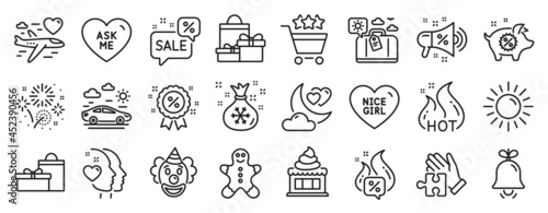 Set of Holidays icons  such as Sun  Puzzle  Car travel icons. Fireworks  Clown  Gingerbread man signs. Ice cream  Ask me  Heart. Discounts bubble  Gifts  Discount. Sale megaphone  Hot sale. Vector