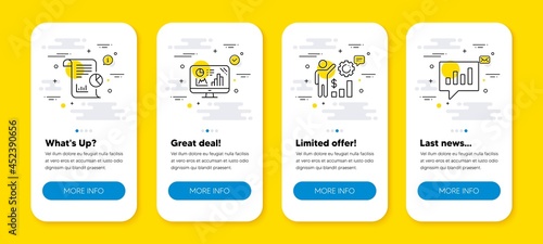 Vector set of Analytics graph, Report and Employees wealth line icons set. UI phone app screens with line icons. Analytical chat icon. Growth report, Work analysis, Results chart. Vector