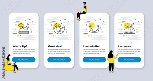 Vector Set of Interiors icons related to Bed bugs, Night mattress and Espresso icons. UI phone app screens with people. Lightweight mattress line symbols. Vector