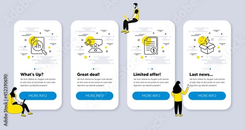 Vector Set of Education icons related to Judge hammer, Financial documents and Analytics graph icons. UI phone app screens with people. Creative idea line symbols. Vector