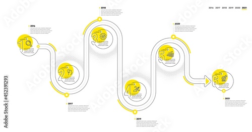 Business Infographic timeline with 6 steps. Journey path workflow infographics. Workflow process diagram with Research Idea, Working, Money earn and Goal target line icons. Vector photo