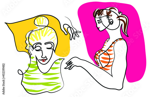 One line drawing of  Woman Getting Neck and Shoulders Massage by Female Masseur
One continuous line drawing of female masseur concept.
