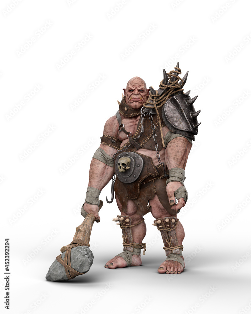 3D rendering of a fantasy ogre character standing wearing armour and holding a large club isolated on a white background. 3D rendering of a fantasy ogre character standing wearing armour and holding a large club isolated on a white background.