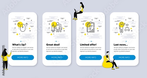 Set of Business icons, such as Checklist, Swipe up, Medical vaccination icons. UI phone app screens with people. Algorithm line symbols. Graph report, Scrolling page, Syringe vaccine. Vector