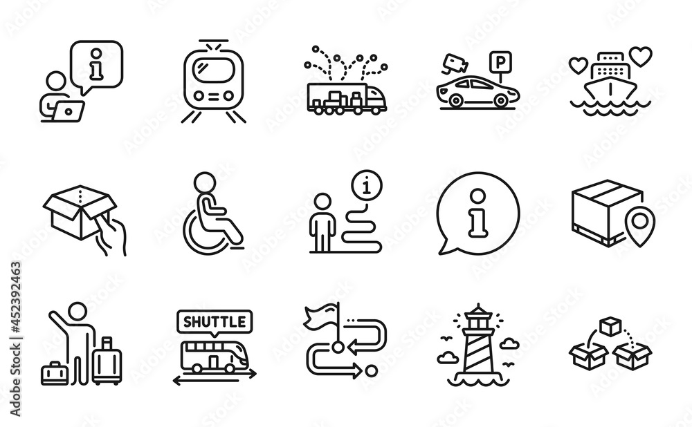 Transportation icons set. Included icon as Lighthouse, Travel path, Disabled signs. Parcel shipping, Hold box, Train symbols. Airport transfer, Truck delivery, Parking security line icons. Vector Transportation icons set. Included icon as Lighthouse, Travel path, Disabled signs. Parcel shipping, Hold box, Train symbols. Airport transfer, Truck delivery, Parking security line icons. Vector