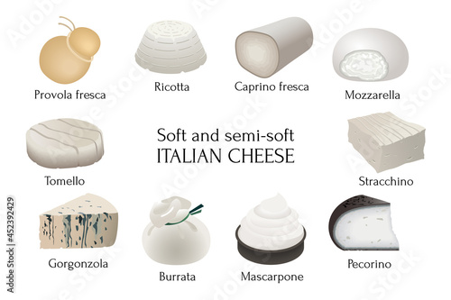 Collection of traditional Italian cheese. Colorful hand drawn illustration on white background.