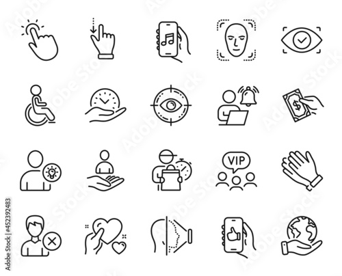Vector set of Pay money, Biometric eye and Save planet line icons set. Clapping hands, Music app and Eye target icons. User idea, Touchpoint and Like app signs. Pay money web symbol. Vector