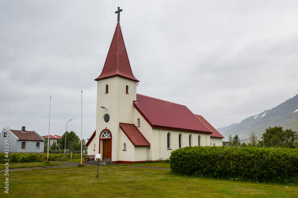 Church of town of Flateyri in Onundarfjordur in Iceland Church of town of Flateyri in Onundarfjordur in Iceland