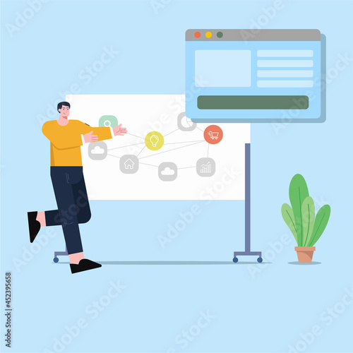 An illustration of a man is to explain the program by writing on the white board