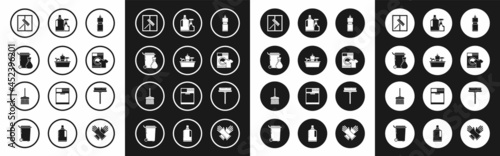 Set Plastic bottles for liquid dishwashing liquid, Trash can, Squeegee, scraper, wiper, Washer and t-shirt, and Handle broom icon. Vector