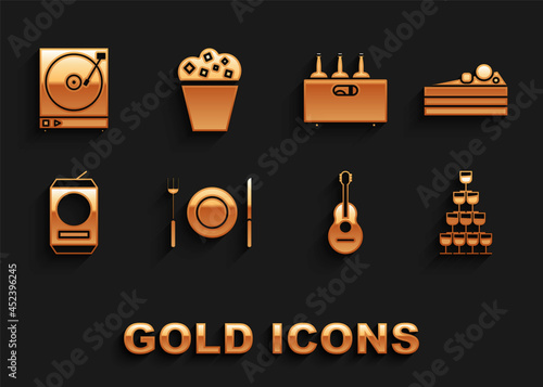 Set Plate, fork and knife, Cake, Wine glasses stacked in pyramid tower, Guitar, Beer can, Bottles of wine wooden box, Vinyl player with vinyl disk and Popcorn cardboard icon. Vector