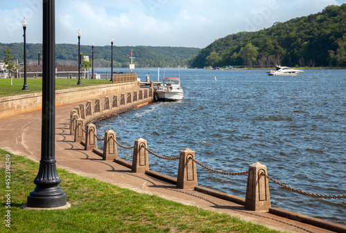 Waterfront along St Croix River in Stillwater Minnesota on a sunny summer day photo