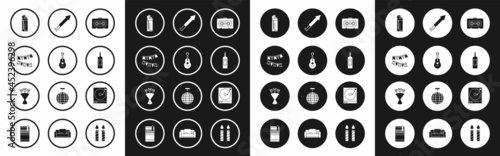Set Retro audio cassette tape, Guitar, Carnival garland with flags, Lighter, Bottle of wine, Firework rocket, Vinyl player vinyl disk and Bouquet flowers icon. Vector