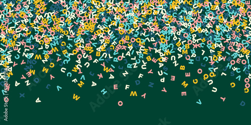 Falling letters of English language. Pastel flying words of Latin alphabet. Foreign languages study concept. Admirable back to school banner on blackboard background.