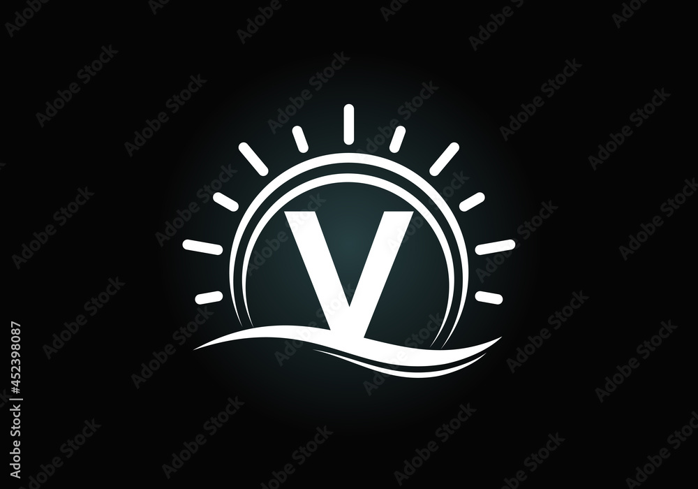 Initial V monogram alphabet with abstract sun and wave. Ocean sun logo ...