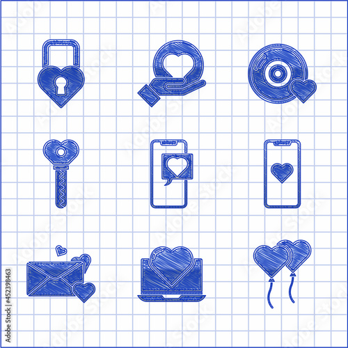 Set Smartphone with heart speech bubble, Laptop, Balloons in form of, Mobile, Envelope, Key shape, Romantic music and Castle the icon. Vector