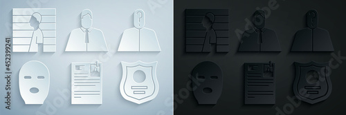 Set Lawsuit paper, Anonymous with question mark, Thief mask, Police badge, Lawyer, attorney, jurist and Suspect criminal icon. Vector