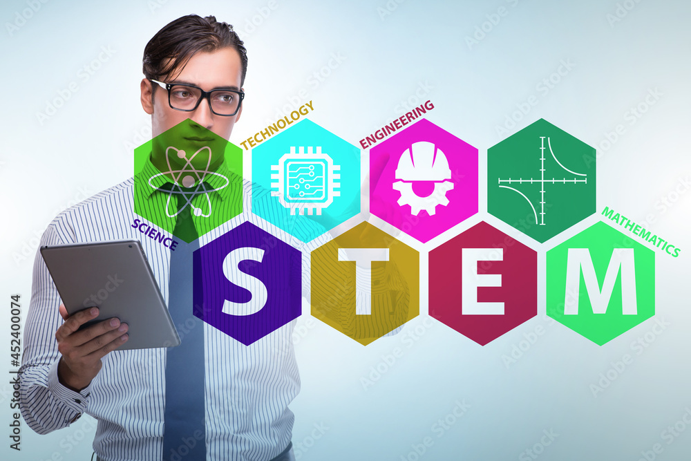 Businessman pressing virtual buttons in STEP education concept Businessman pressing virtual buttons in STEP education concept