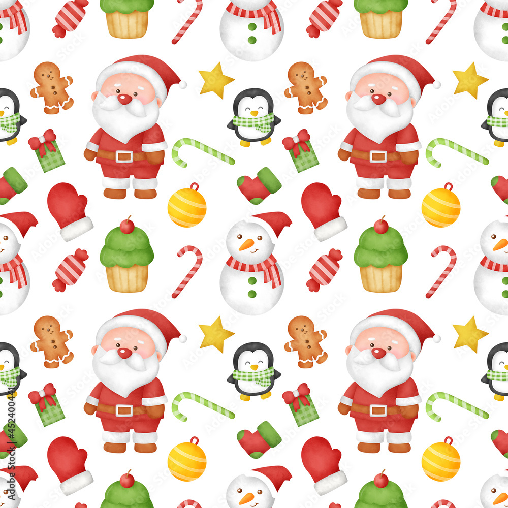 Watercolor happy christmas seamless patterns.